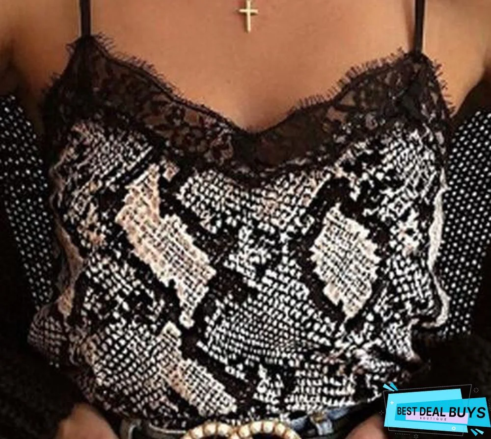 Women Sexy Sleeveless V Neck Leopard Print Snake Print Cami Lace Patchwork Slim Club Party Camisole