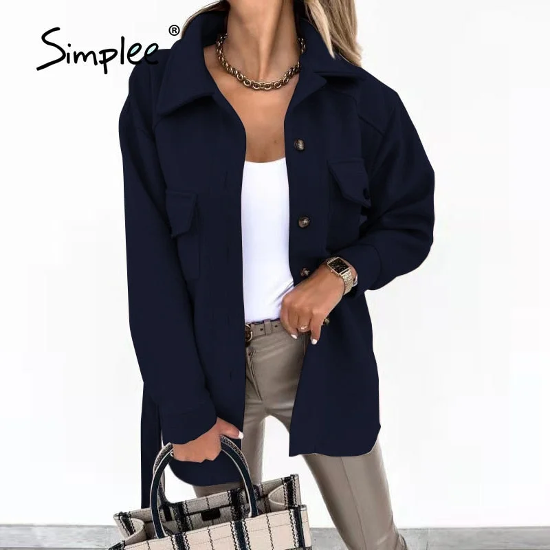 Simplee Office lapel jacket women autumn winter  Casual long sleeve female top coat black white  Fashion business shirt jackets