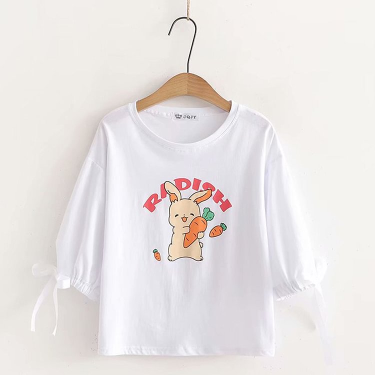 Cartoon Rabbit Carrot Print T-Shirt Love Heart Embroidery Denim Pants Set - Modakawa modakawa
