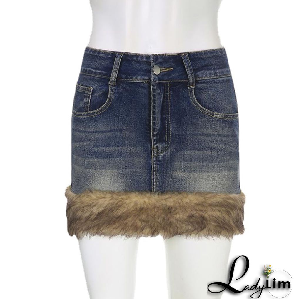 Fluffy Edge Wash Denim Retro Blue Stretch Skirt Female Style Bodycon Mini Skirt
