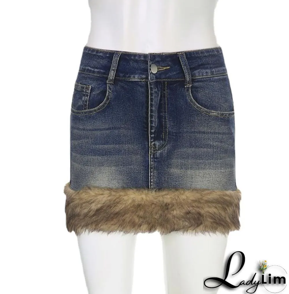 Fluffy Edge Wash Denim Retro Blue Stretch Skirt Female Style Bodycon Mini Skirt