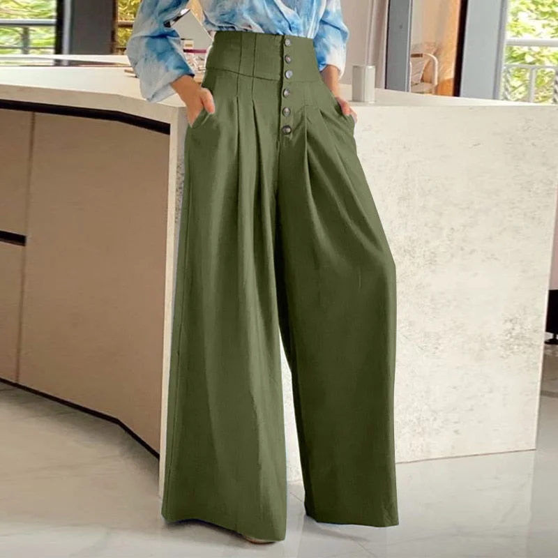 Celmia Office Elastic Waist Pantalones Women Casual Loose Elegant Pockets Long Trousers Button High Waist Pleated Wide Leg Pants
