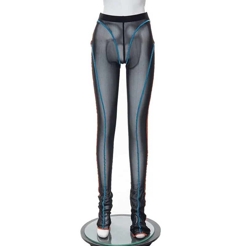 Hugcitar Bright Line Mesh High Waist Slim See Through Pants Leggings Skinny 2022 Summer Slim Sexy Streetwear Club Outfit Y2K