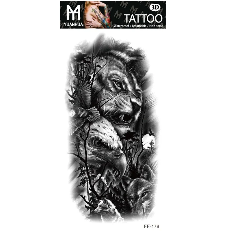 Sdrawing Forest Tattoo Sticker for Men Women Children Tiger Wolf Death Skull Temporary Tattoo Fake Henna Skeleton King Animal Tatoo