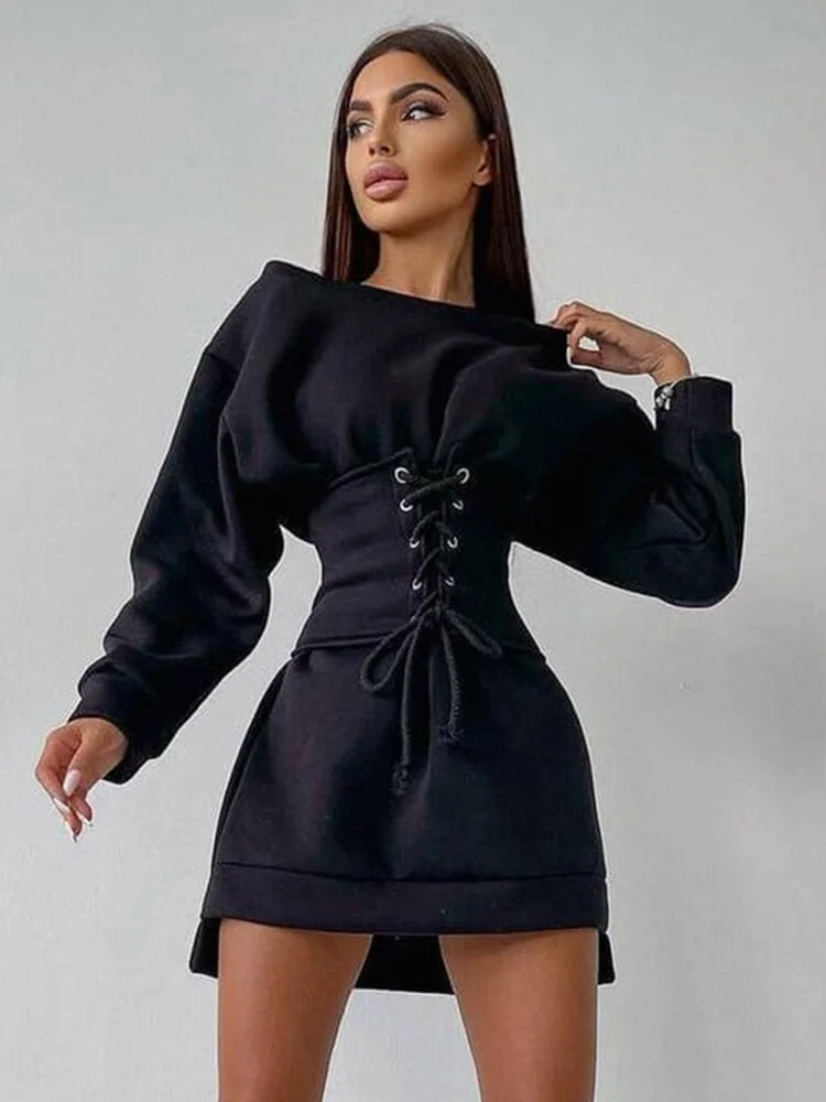 WannaThis Party Dress With Belt Long Sleeve Sexy Mini Dress Women Laceup Casual Fashion 2021 Autumn Winter Lady Elegant Dresses