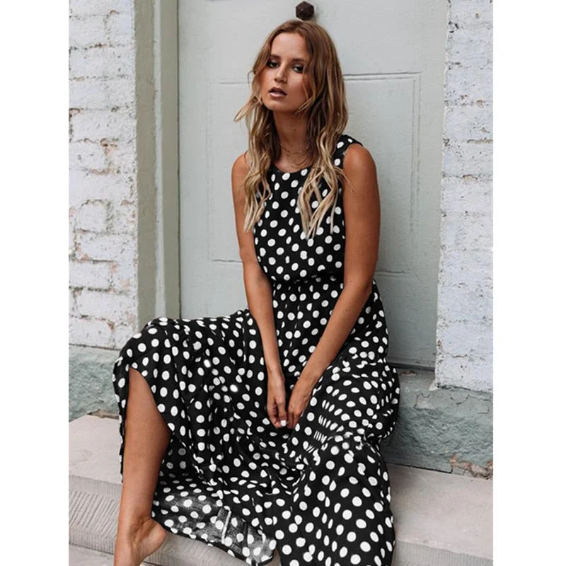 Summer Sleeveless Polka Dot Print Women Midi Dress Casual Fashion Dresses A-Line Boho Elegant Beach Long Dress Vestidos