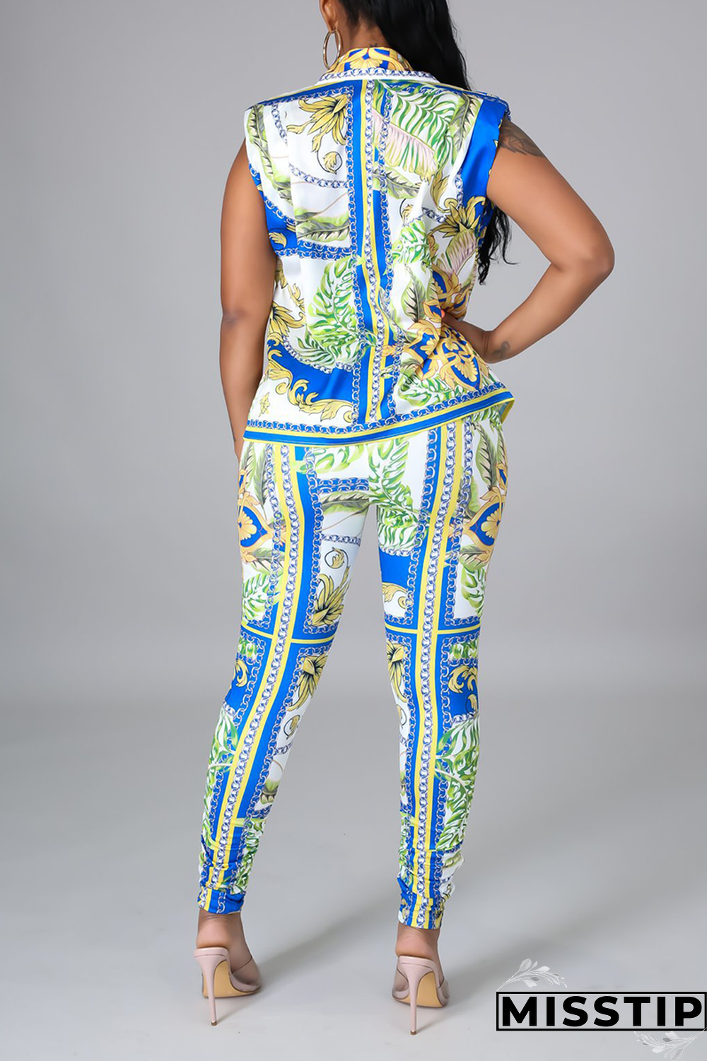Blue Sexy Print Patchwork Turndown Collar Sleeveless Two Pieces