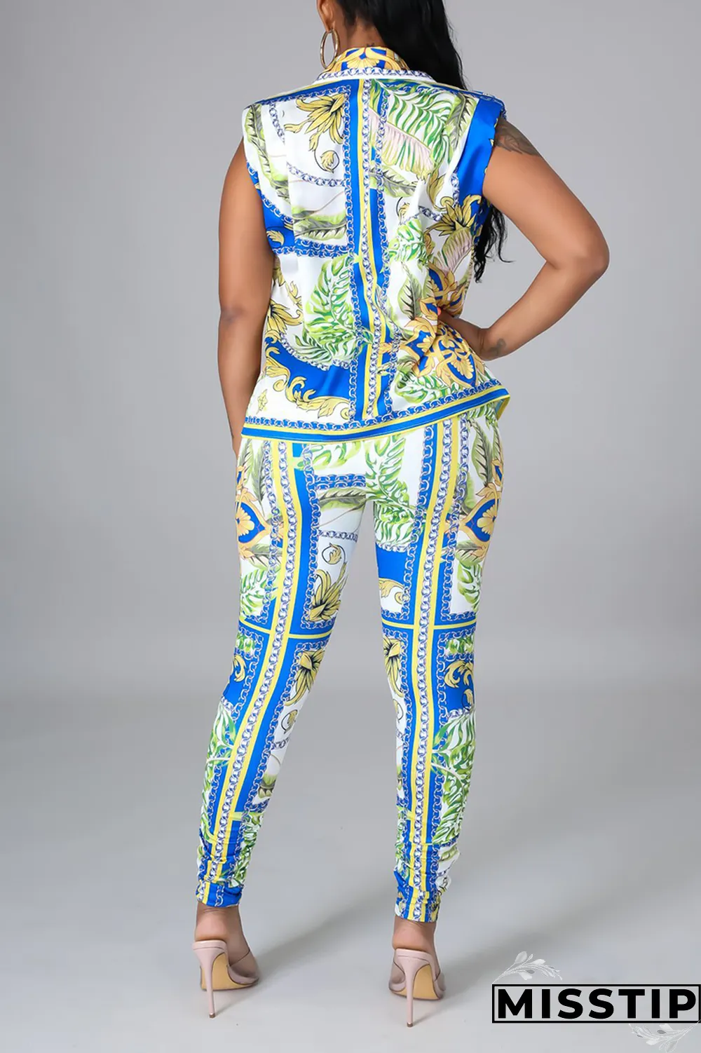 Blue Sexy Print Patchwork Turndown Collar Sleeveless Two Pieces