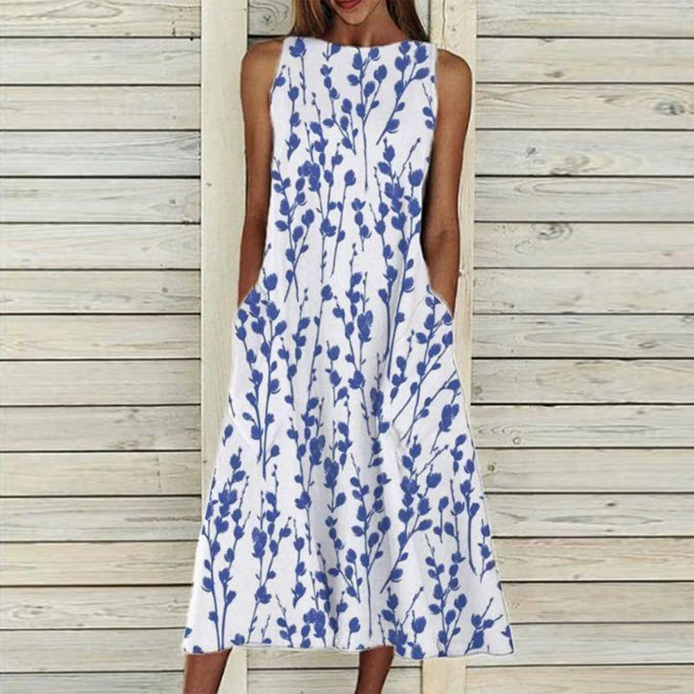 High Neck Sleeveless Blue Flower White Midi Dress