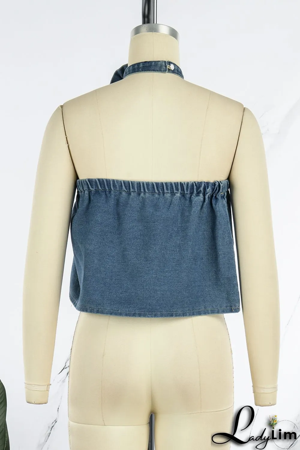 Blue Sexy Solid Patchwork Strapless Tops