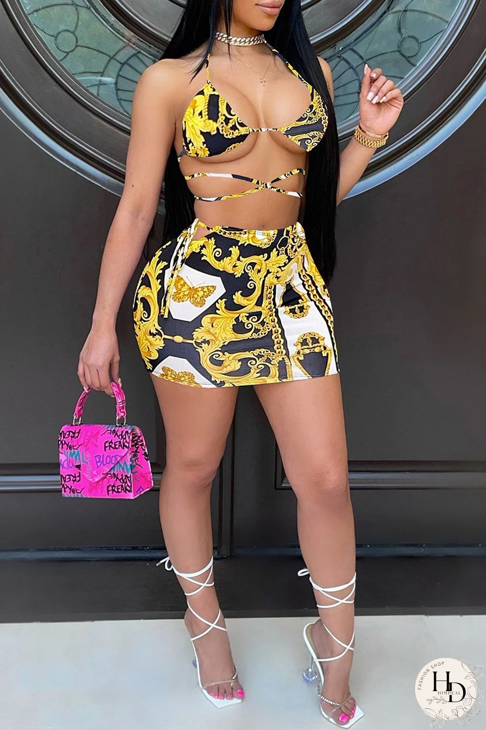 Black Gold Fashion Sexy Print Backless Strap Design Halter Sleeveless Two Pieces