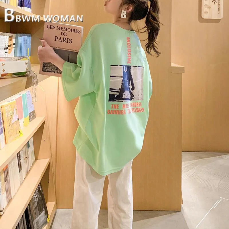 2019 White Green And Orange Color Women T Shirts Casual Round Neck Female Tee Shirts