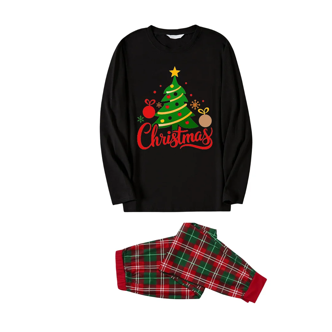 Christmas Tree Printed 2024 Black Long Sleeve Top and Red & Green Plaid Pants Family Matching Pajamas