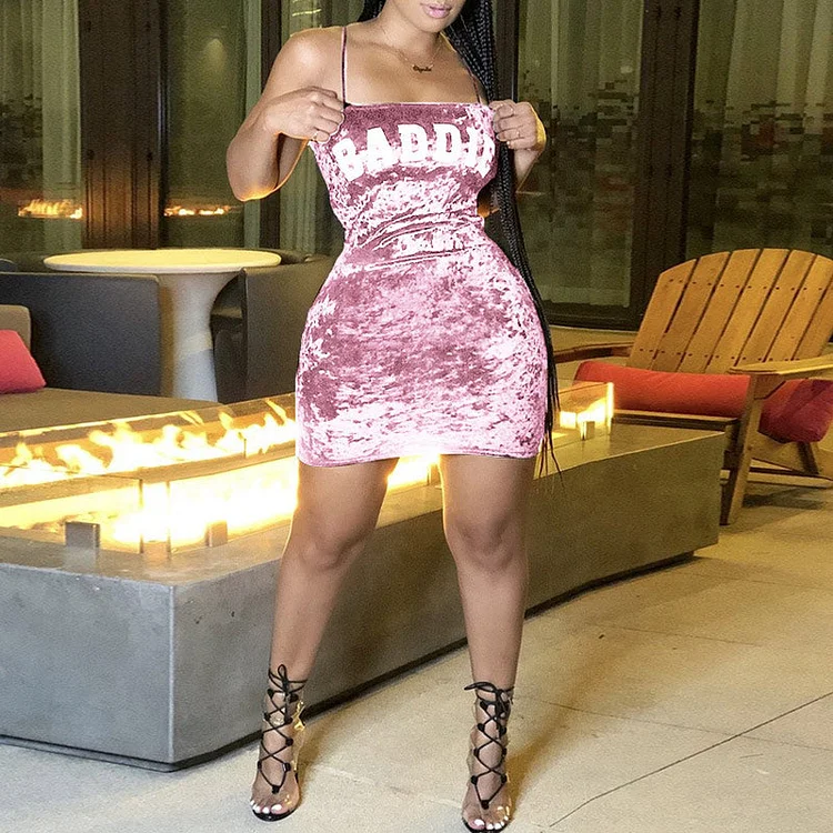 Letter Print Velvet Sleeveless Dress - IRBOOM Fashion Clothing
