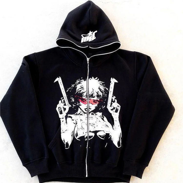 Gothic Y2k Zipper Hoodie Retro Hip Hop Pattern Oversize Zipper Hoodie Punk Coat at Hiphopee