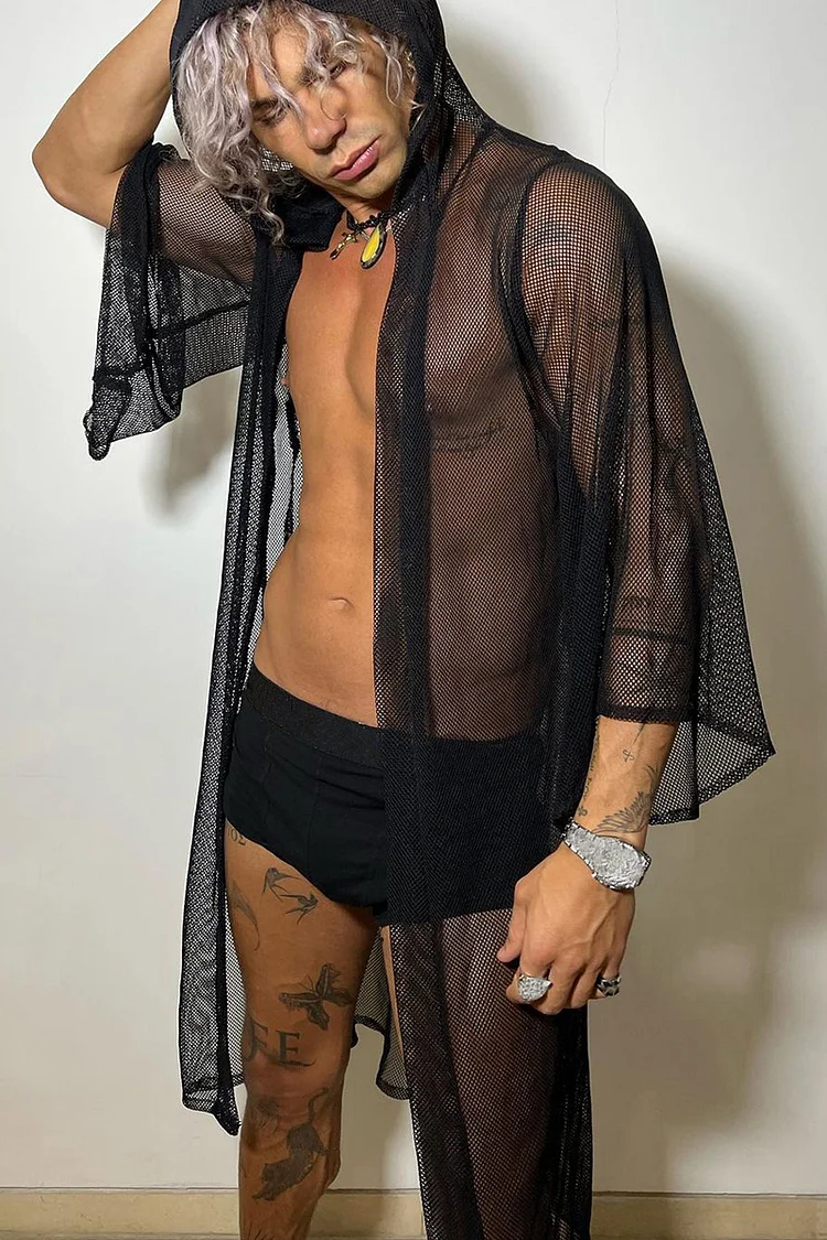 See-Through Mesh Long Sleeve Loose Hooded Kimono 