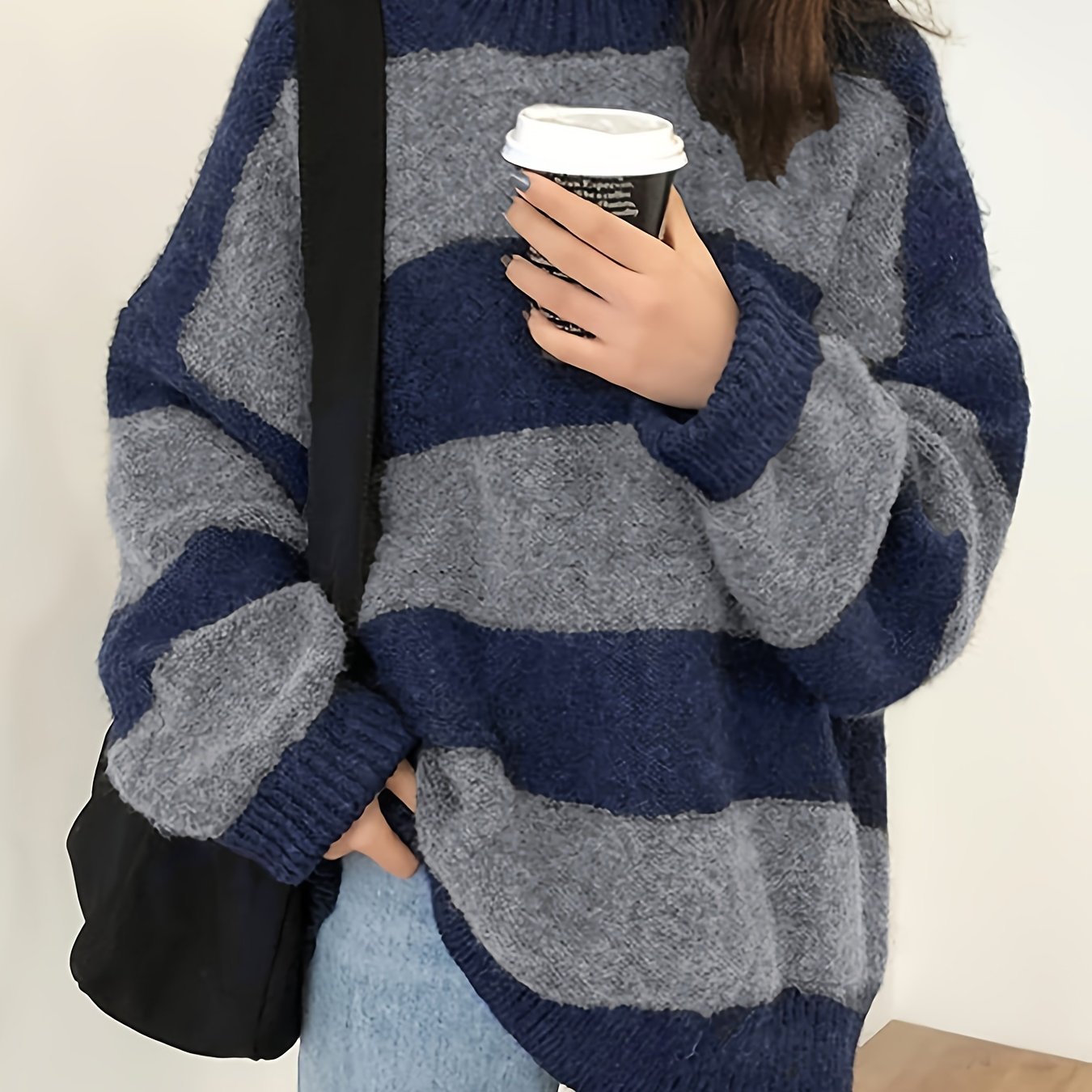 Colorblock Oversized Knitted Pullover Top, Vintage Crew Neck Long Sleeve Sweater For Fall & Winter, Women's Clothing