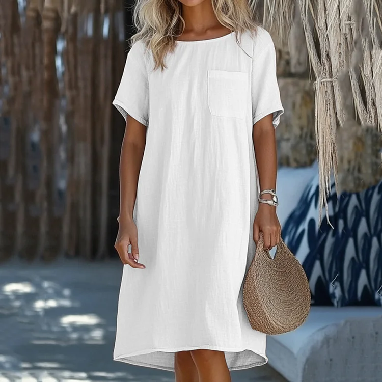 Fashionable And Casual Cotton And Linen Round Neck Short Sleeve Dress