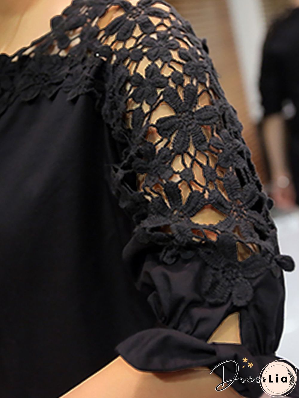 Lace Half Sleeves Notched Neck Solid Sweet Casual Shirts & Tops