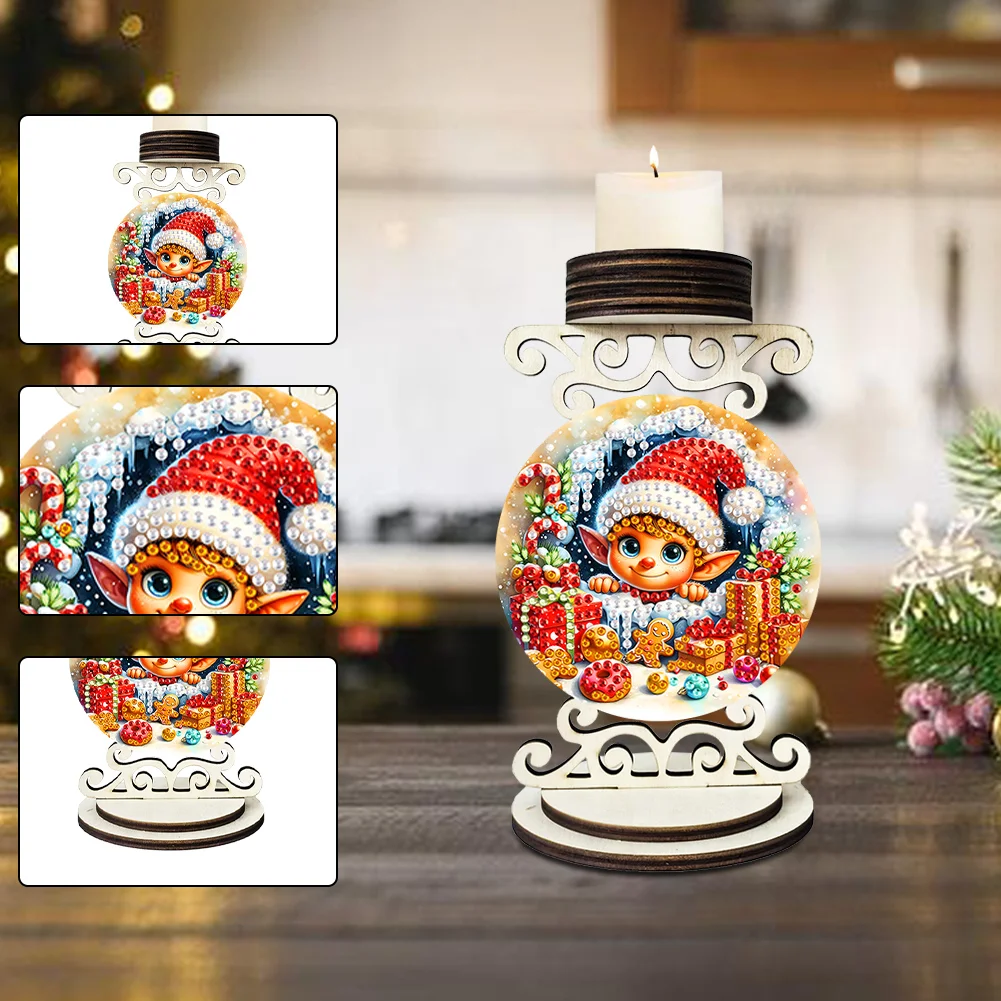 5D DIY Elf Wooden Special Shaped Christmas Theme Diamond Painting Candle Holder