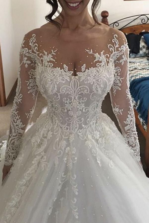 Romantic Long Sleeves White Wedding Dresses With Appliques | Ballbellas Ballbellas