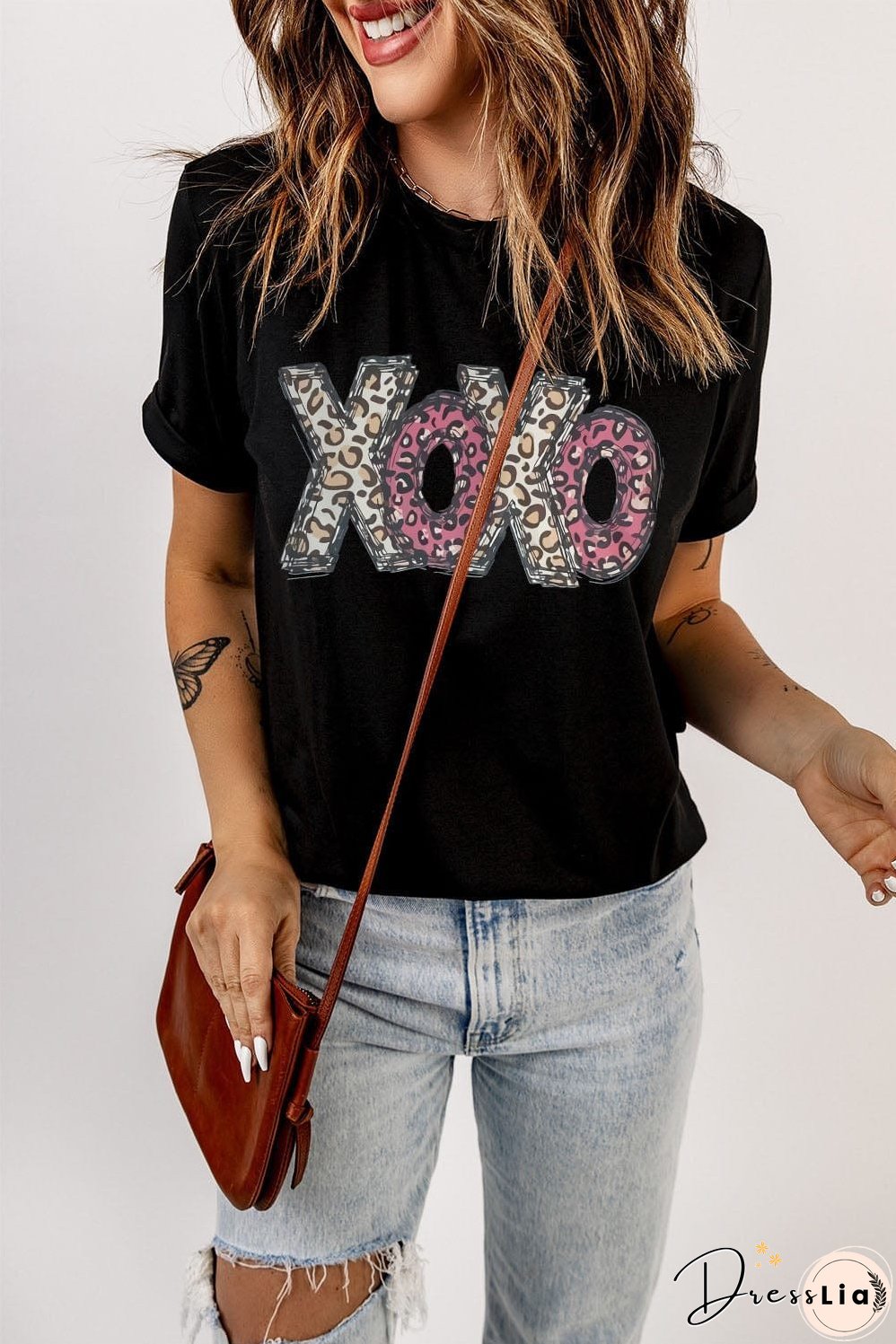 Black and Leopard Print XOXO T-Shirt, Casual Wear