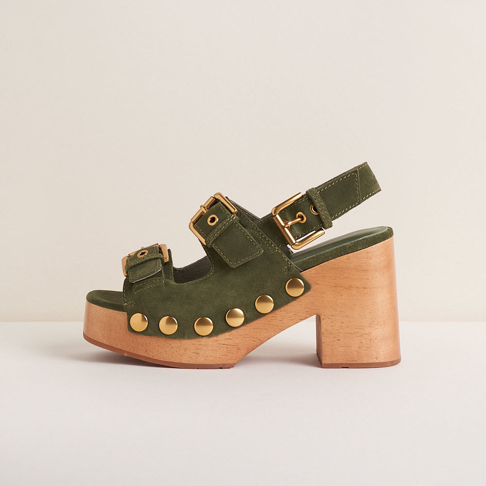 Green Faux Suede Open Toe Chunky Heel Buckled Platform Sandals Nicepairs
