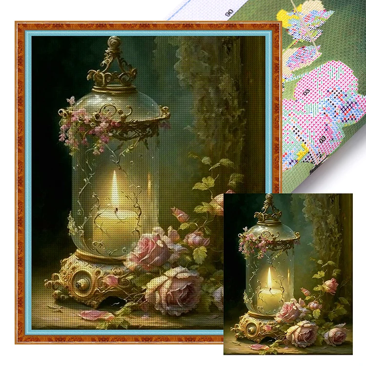 Retro Oil Lamp And Roses (40*50cm) 11CT Stamped Cross Stitch gbfke