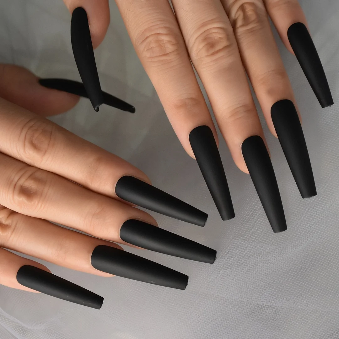 Black Fingernails Super Extra Long Coffin Slim Fake Nails For Women Matte Acrylic Nail Tips DIY Wholeslae Supplies Manicure-Nail Inspo