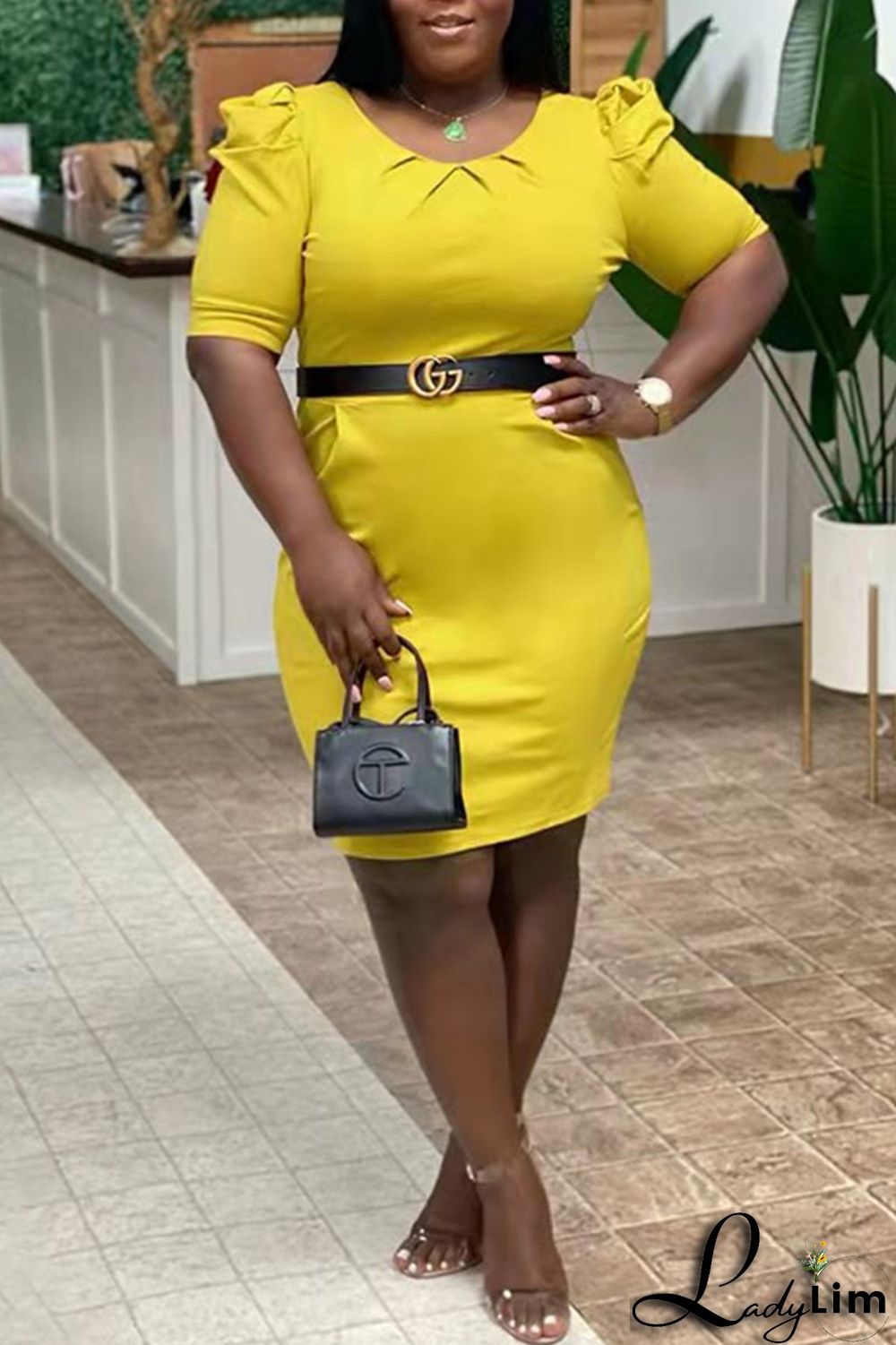 Pink Fashion Casual Plus Size Solid Basic O Neck Short Sleeve Dress (Without Belt)