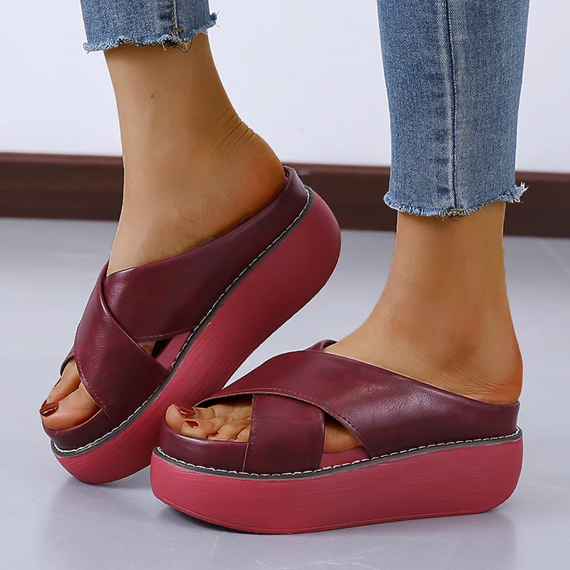 Qengg New Women's Casual Slippers Fashion Vintage Fish Mouth Wedge Sandals Platform All-match Outdoor Roman Shoes Zapatilla Mujer