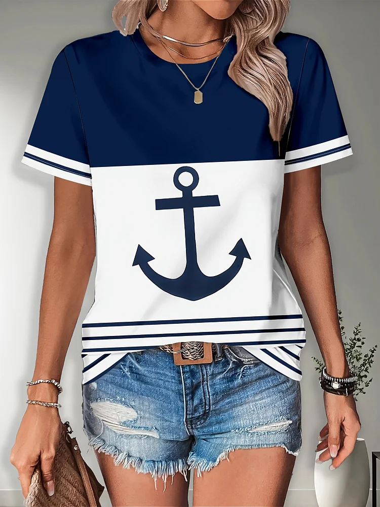 Sliky Women's Casual Short Sleeve T-Shirt | Navy & White Color Block Design With Anchor Print, Round Neck, Machine Washable, All-Season Comfort, Cute Short Sleeve Tops, Maritime Fashion, Comfortable Fit, Nontransparent Fabric, Weekend Style