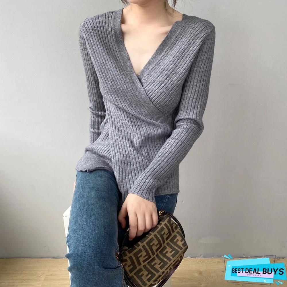 V-Neck Cross Long Sleeve Sweater For Women