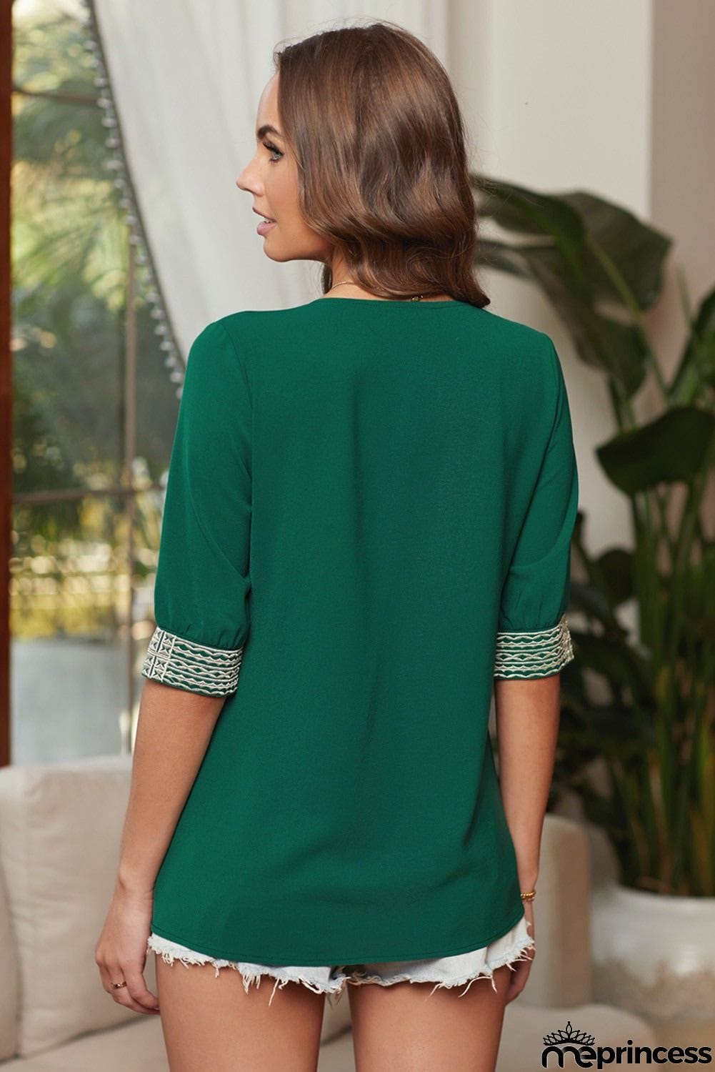 Boho Green Deep V-neck Half Sleeve Embroidery Patch Blouse