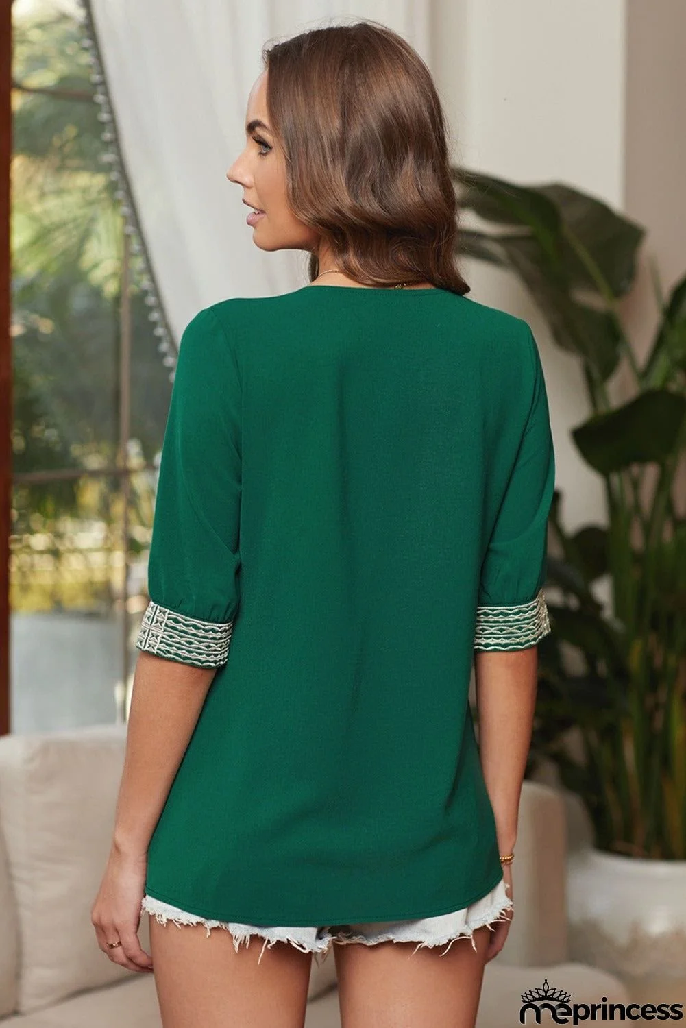 Boho Green Deep V-neck Half Sleeve Embroidery Patch Blouse