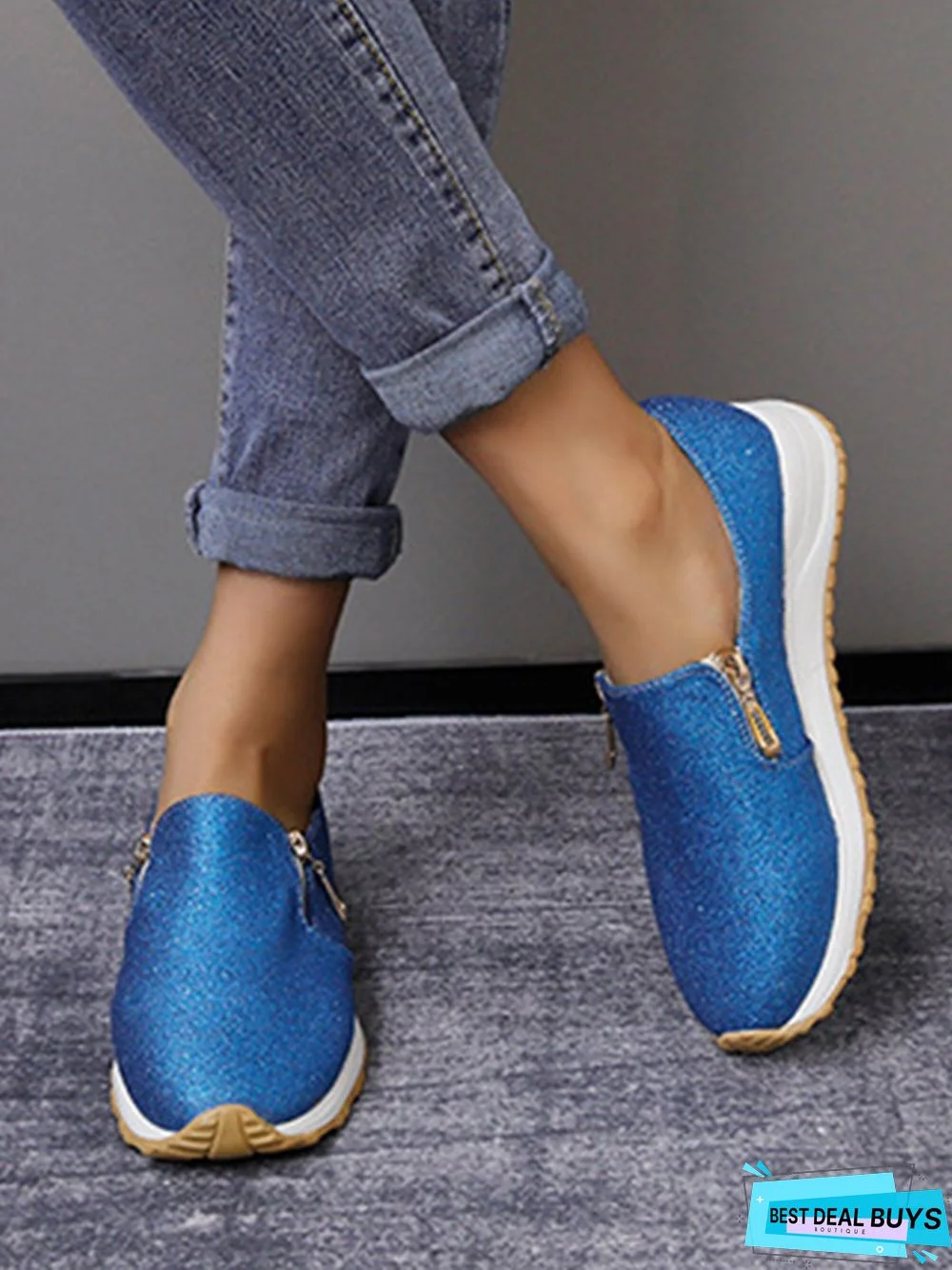 Lightweight Soft Sole Zip Glitter Casual Sneakers