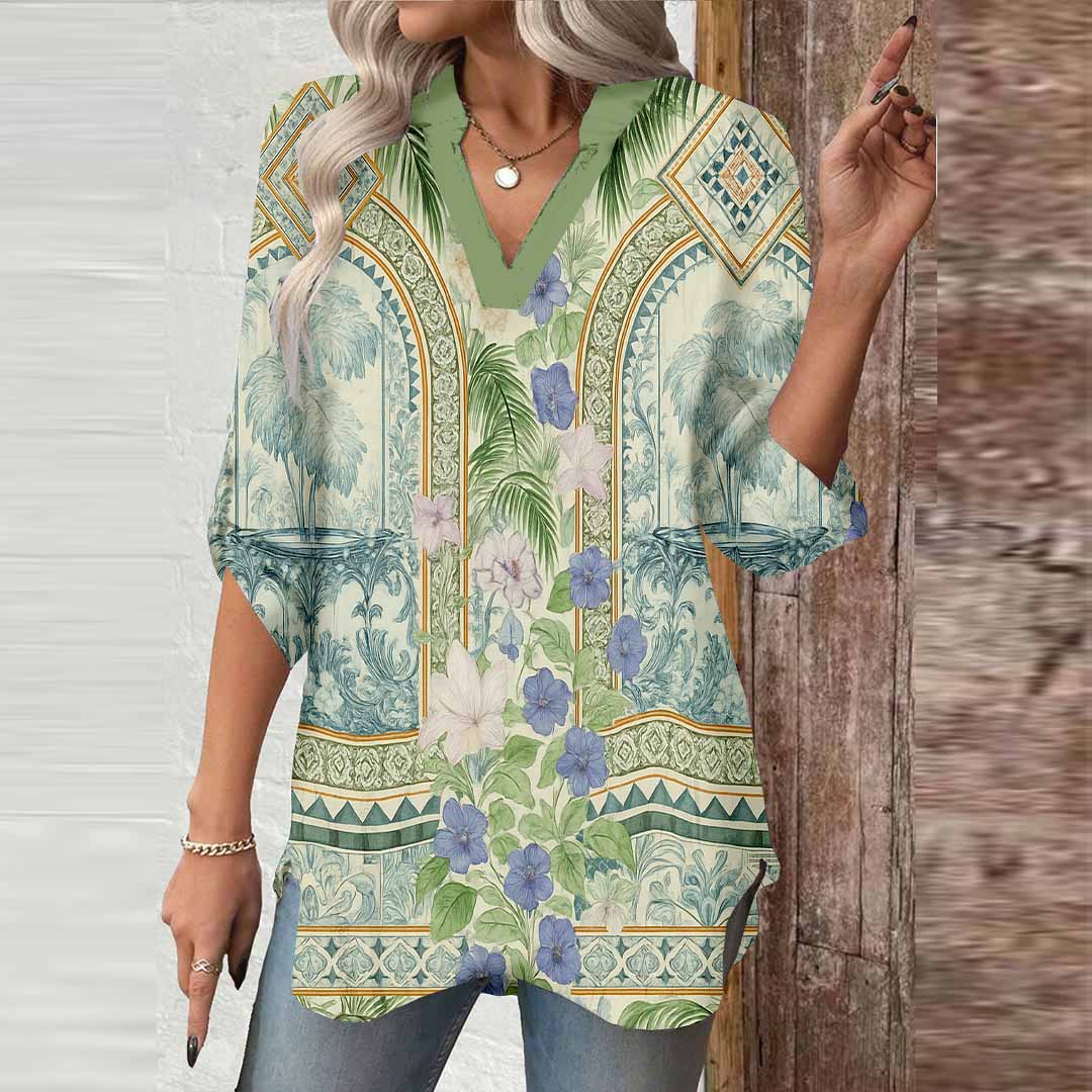 Women Bohemian,Green,Blue DZGA0256 3/4 Sleeve V-neck Printed Graphic Button Tops
