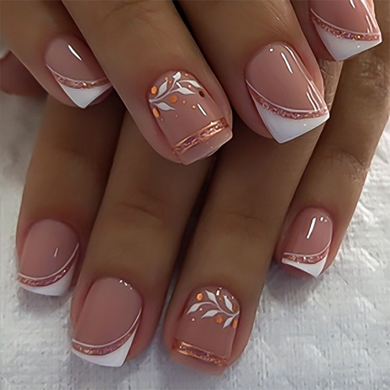24PCS Mid-length Square Nail Shiny Cat Eyes Wearable False Nails White French Press on Nails with Golden Stripe Full Cover Nail