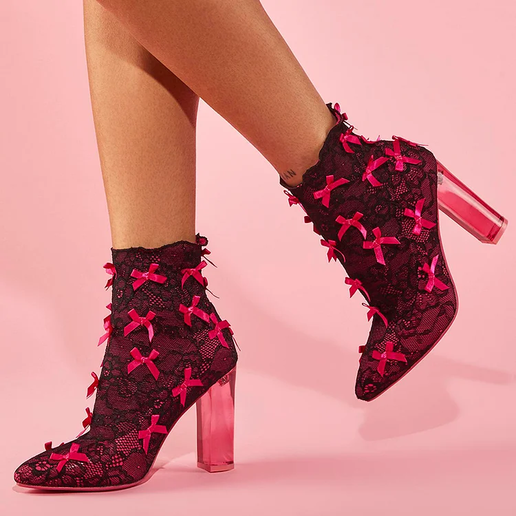 Vintage Ankle Boots with Pointed Lace Bow Shoes and Chunky Heels in Black & Pink Vdcoo
