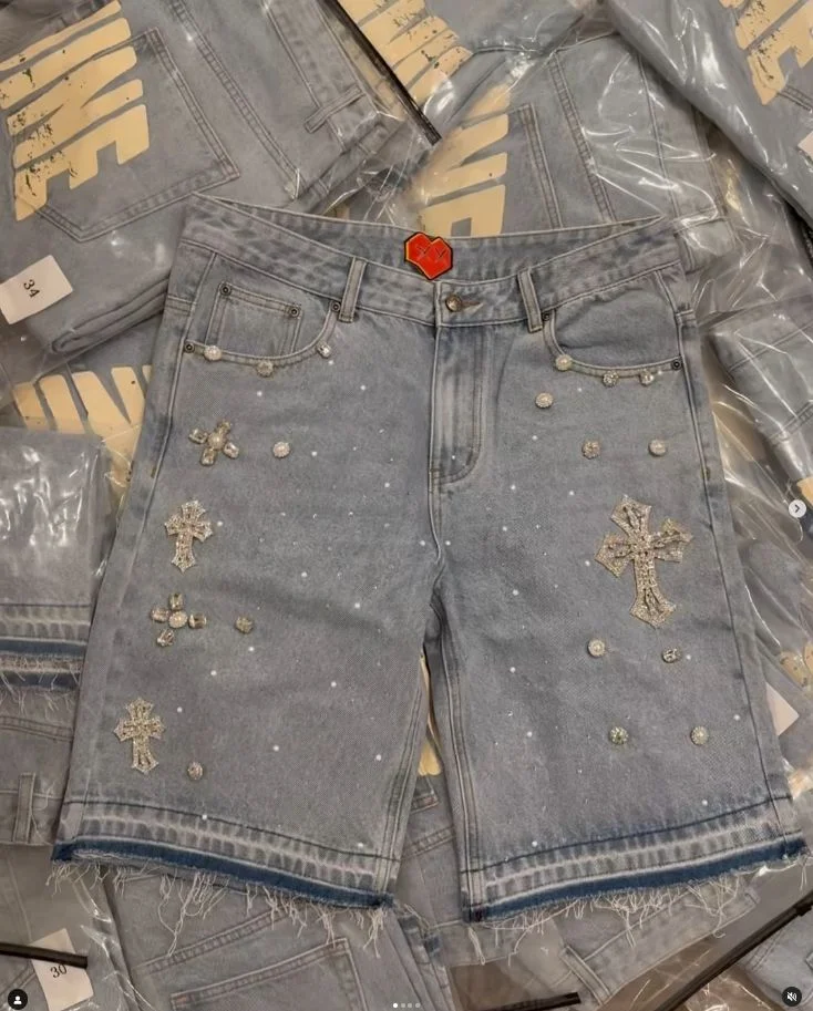 Aonga Rhinestones Baggy Jeans Hip Hop Retro Blue Streetwear Y2K Gothic Shorts Denim Gym Shorts Men Women High Waist Basketball Shorts aonga