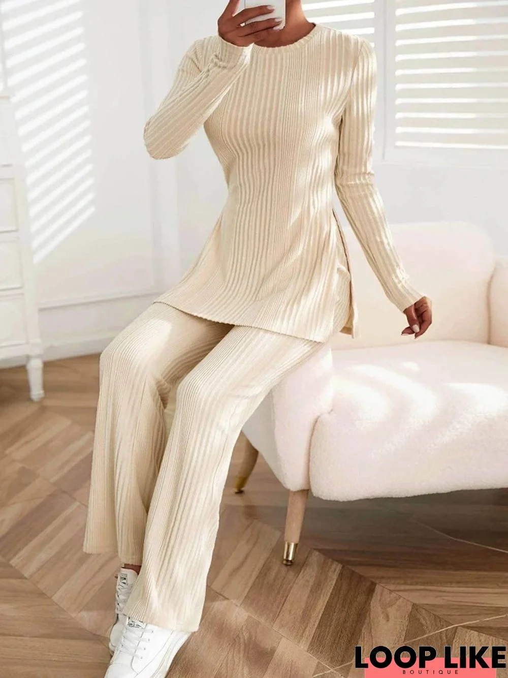 Plain Long Sleeve Crew Neck Casual Two Piece Set