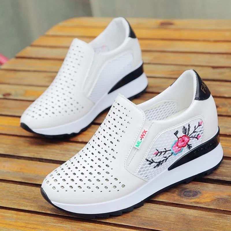 New Women Wedge Ventilation Platform Sneakers PU Leather Shoes Pointed Toe Height Increasing Creepers Zapato Tenis De Mujer