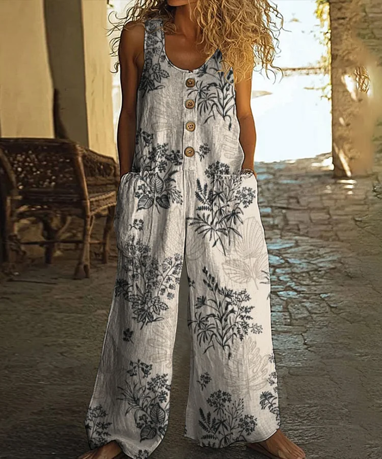 Vintage Floral Print Casual Wide-leg Jumpsuit