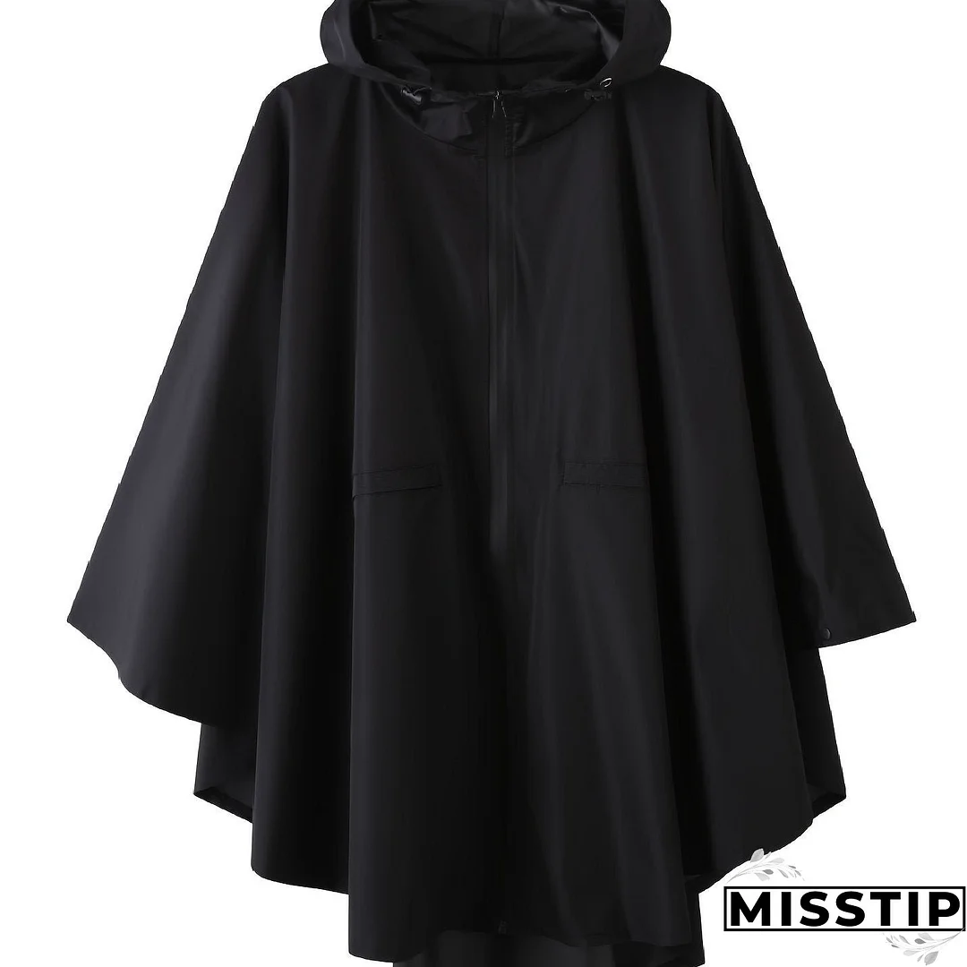Plus Size Casual Jacket, Women's Plus Solid Batwing Sleeve Zip Up Hooded Windbreaker Shawl Jacket