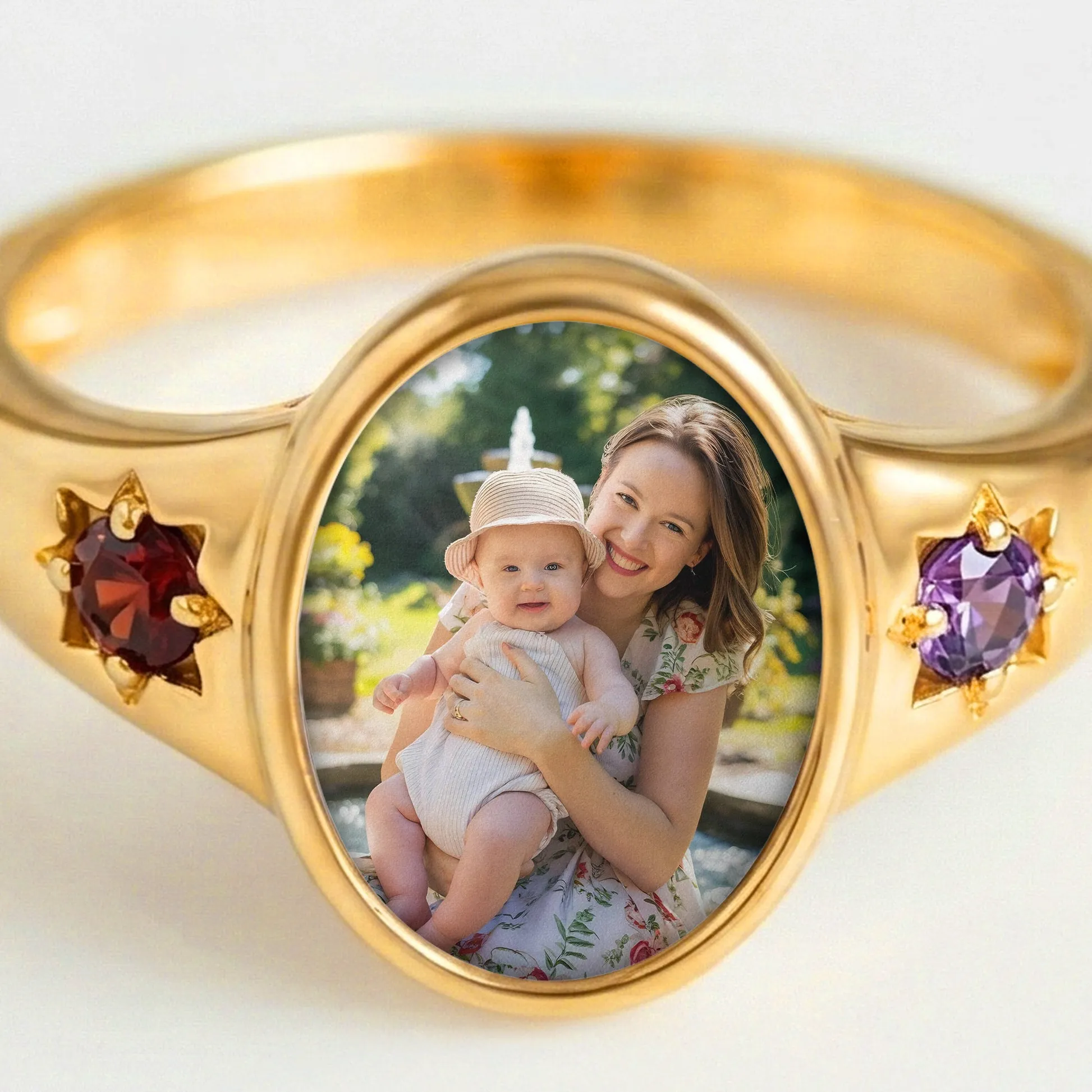 Personalized Oval Photo Ring with Two Birthstones Mother's Day Gift For Mom, Mum, Wife - Personalized Ring