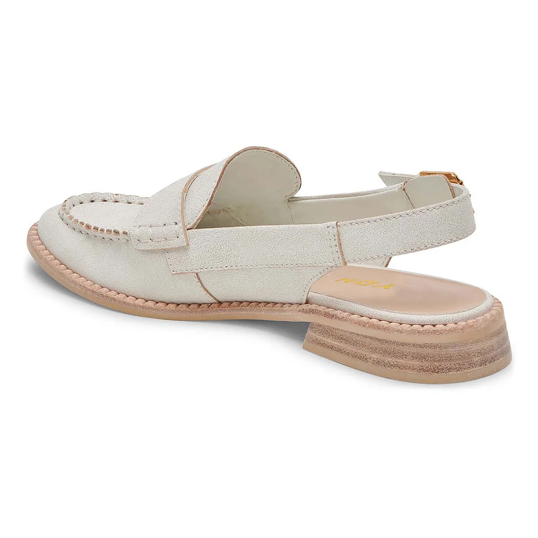 Ivory Round Toe Vegan Leather Flat Slingback Loafers for Women