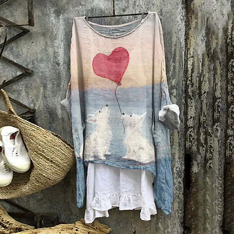 Romantic Westie Pair On Beach Art Print Crew Neck Loose Blouse