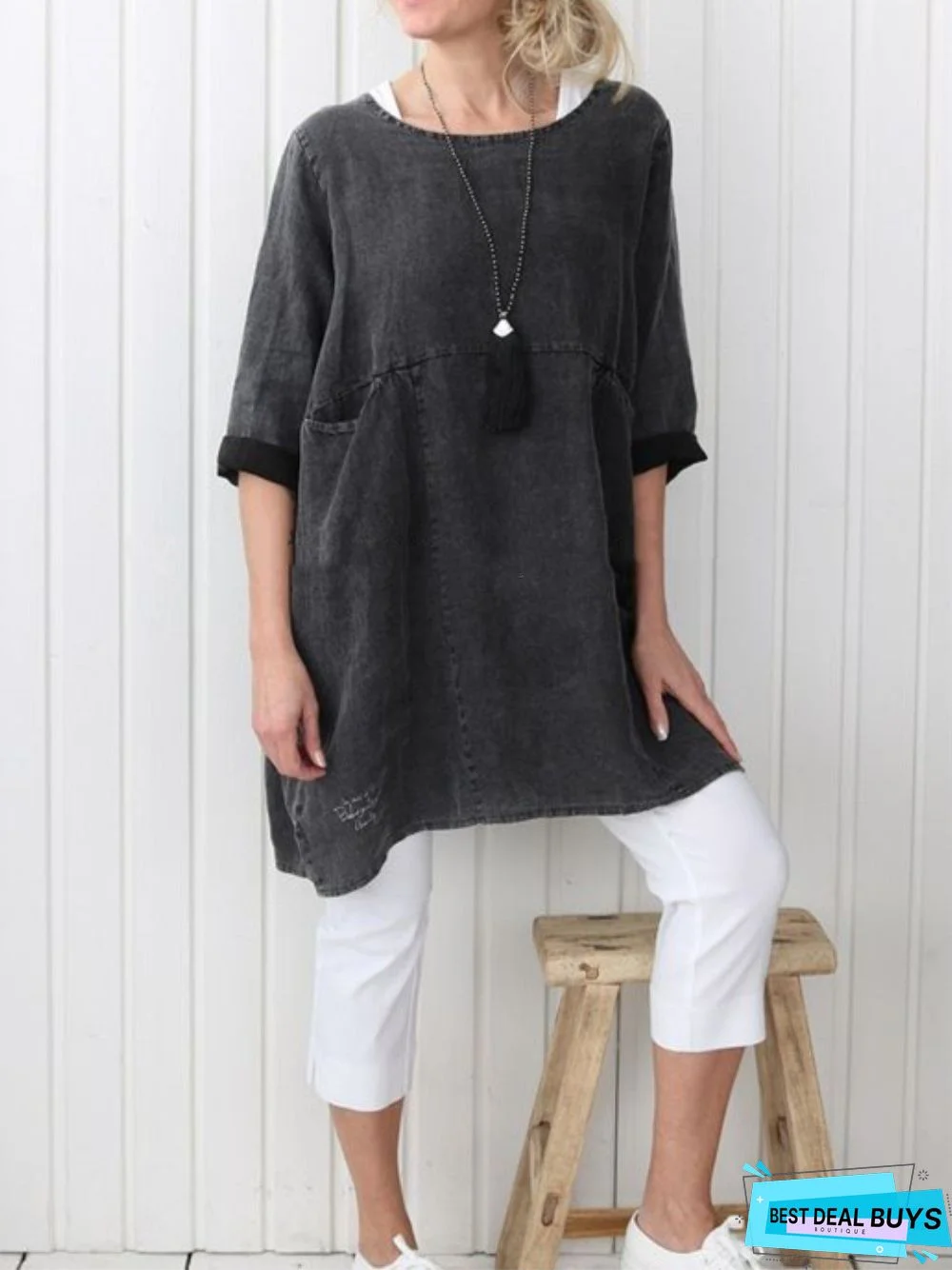zolucky Plus Size Casual Plain Long Sleeve Linen Dress