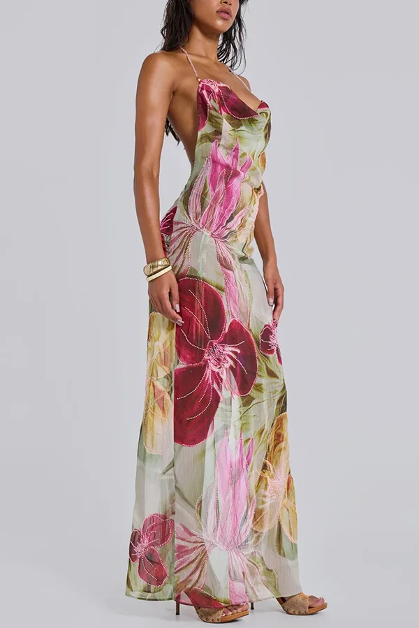 Floral Print Sexy Backless Slit See-Through Holiday Maxi Dress