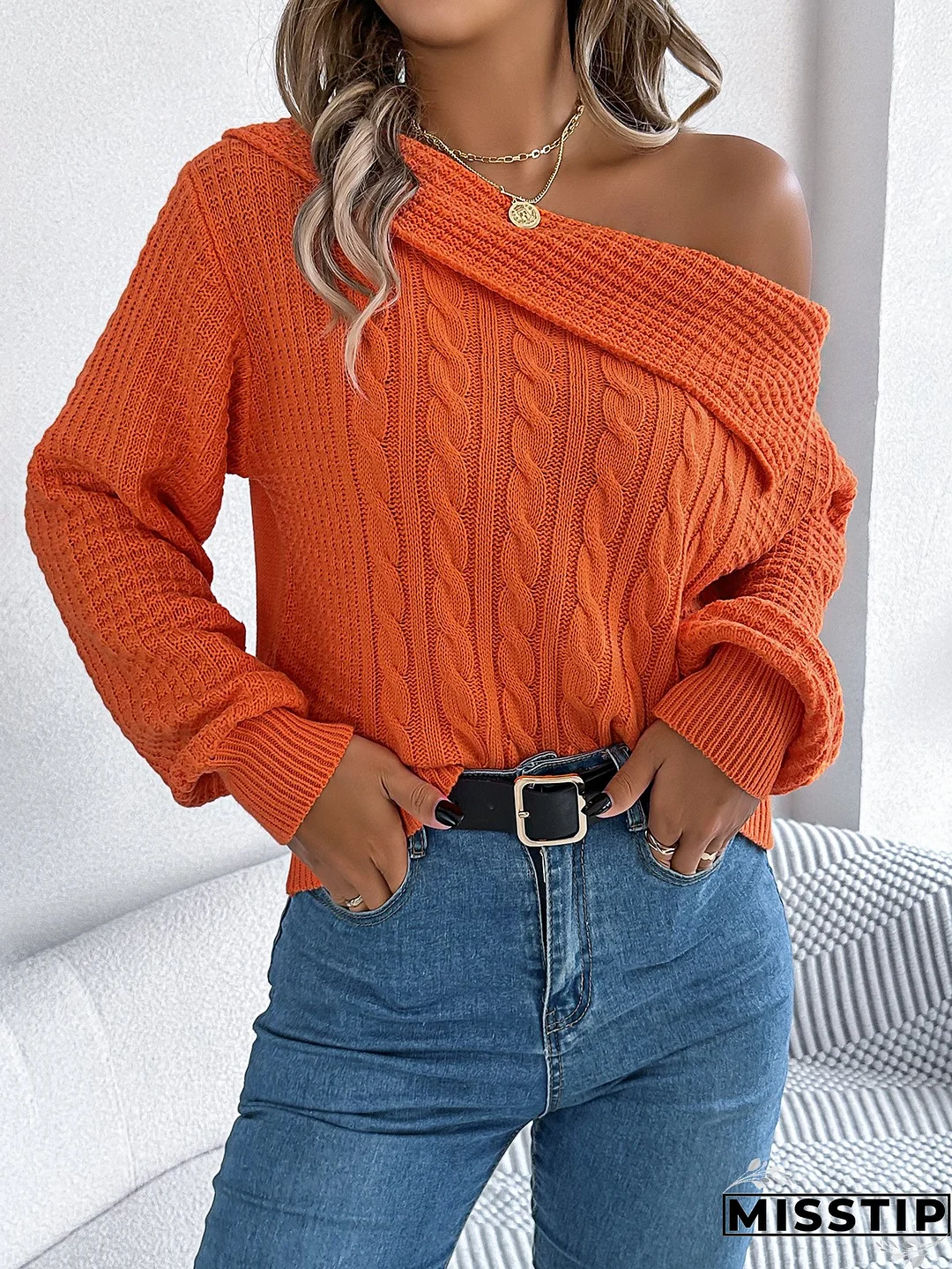 Autumn and winter casual sexy Turndown Collar off-shoulder twisted long-sleeved pullover sweater